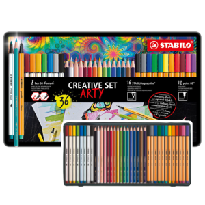 CREATIVE SET ARTY COLORES MICROPUNTAS PUNTA GRUESA Y DELGADA 36 PZAS CAJA METALICA STABILO