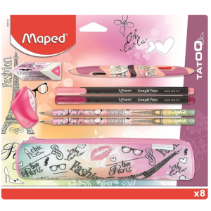 SET PARIS 1 BORRADOR 1 TAJADOR 1 ESTUCHE 2 LAPICES 2 MICROPUNTAS 1 BOLIGRAFO MAPED